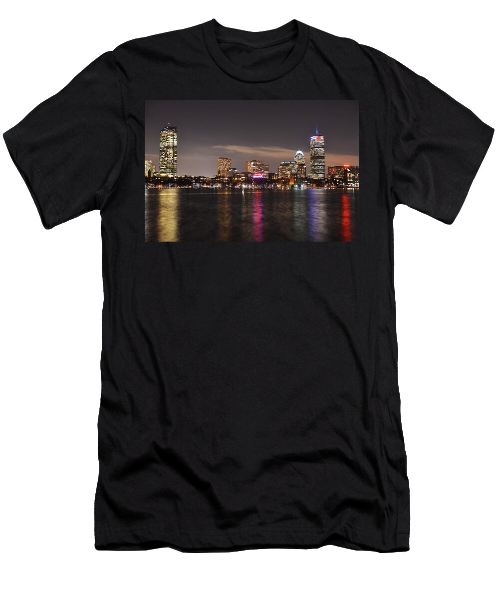 Boston T-Shirt featuring the photograph The Prudential lit up in red white and blue #1 by Toby McGuire