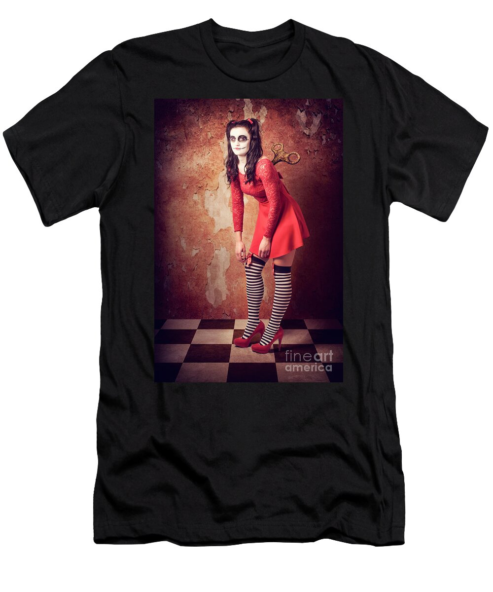 Doll T-Shirt featuring the photograph Tired human wind-up doll with sugar skull make up #1 by Jorgo Photography