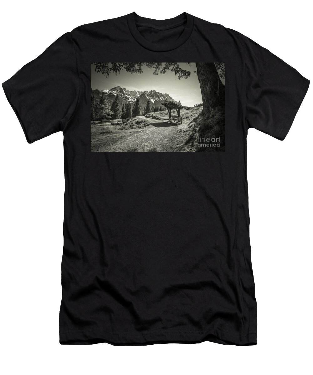 Alpspitze T-Shirt featuring the photograph walking in the Alps - bw #1 by Hannes Cmarits