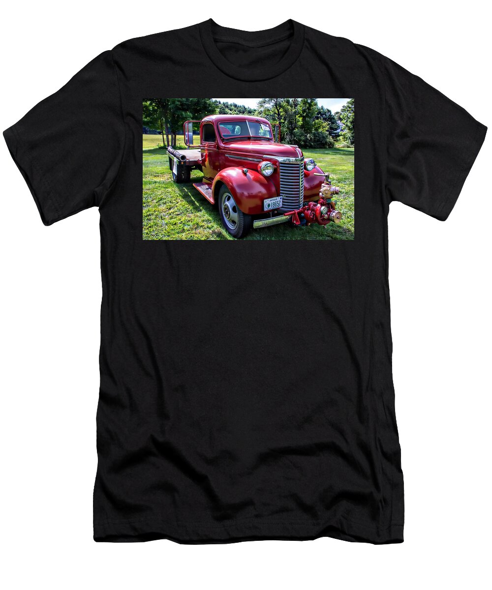Pump Truck T-Shirt featuring the photograph 1939 Flatbed Chevy---Fire Dept. by Sherman Perry