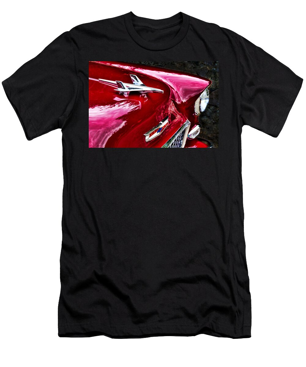 Chevy T-Shirt featuring the photograph 1955 Chevy Bel Air Hood Ornament by Peggy Collins