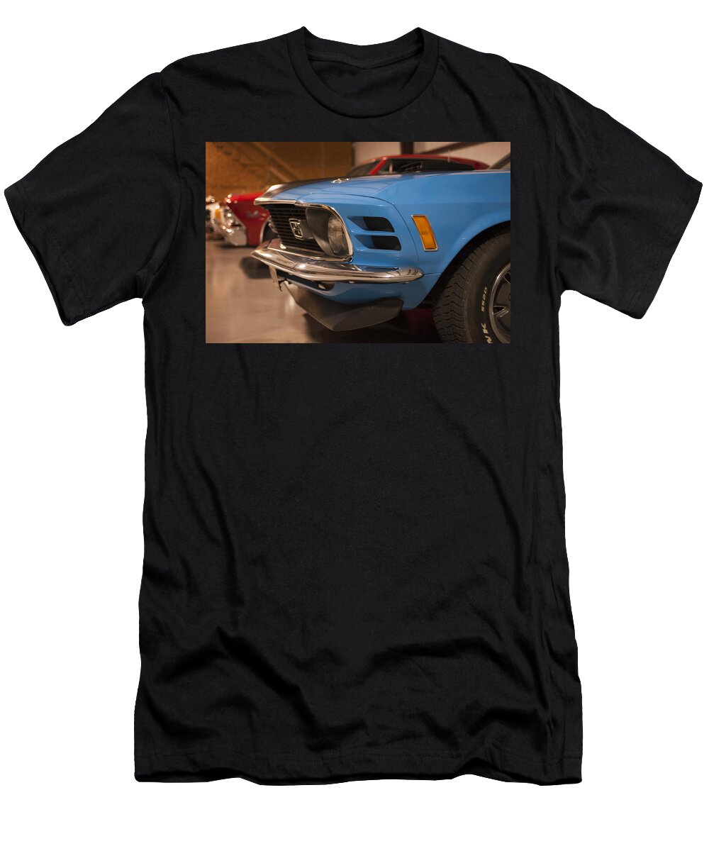 Classic Car T-Shirt featuring the photograph 1970 Mustang Mach 1 And Other Classics Hidden In a Garage by Todd Aaron