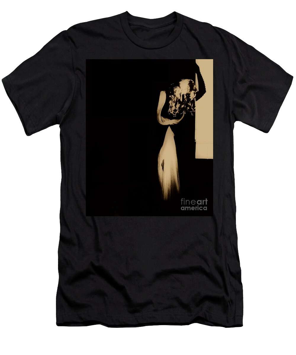Sepia Emotive Dark People Women Black Sad T-Shirt featuring the photograph Alone #2 by Jessica S