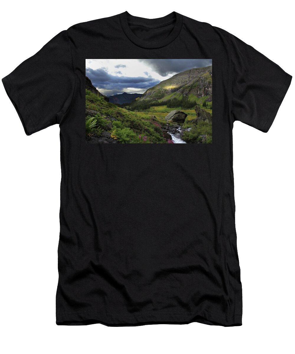 Colorado T-Shirt featuring the photograph Cascade in lower Ice Lake Basin #2 by Alan Vance Ley
