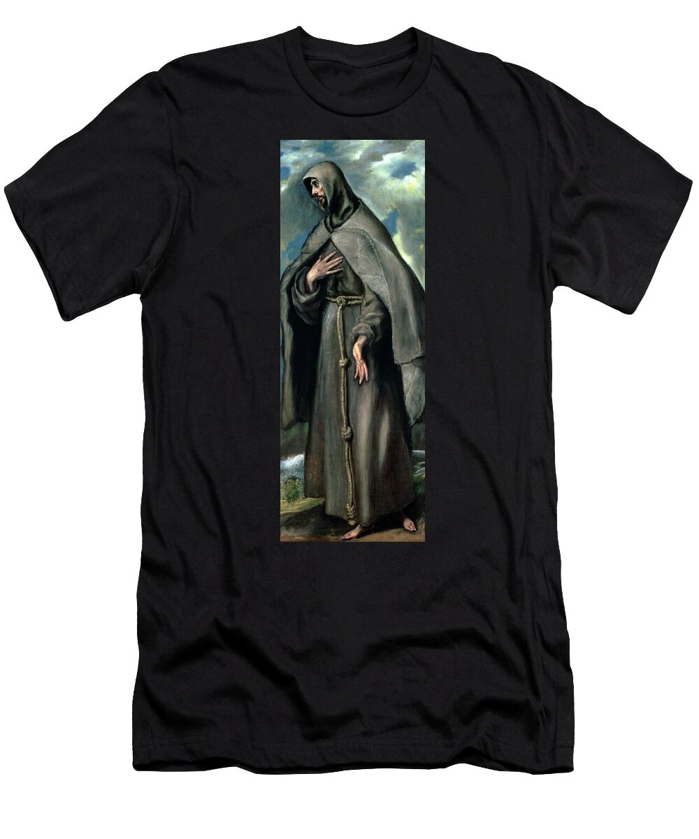 Monk; Cowl; Girdle; Landscape; Stigmata; Habit; Friars T-Shirt featuring the painting St Francis of Assisi by El Greco Domenico Theotocopuli
