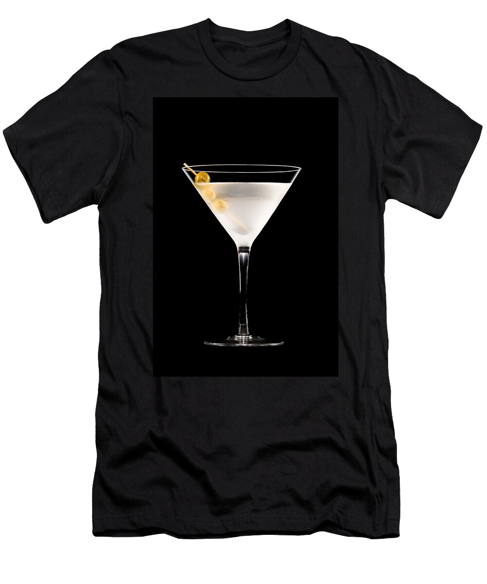 Alcohol; Alcoholic; Beverage; Classic; Clear; Closeup; Cocktail; Cool; Drink; Dry; Elegant; Food; Gin; Glass; Green; Liquid; Liquor; Martini; Olive; Olives; Refreshment; Skewer; Snack; Spirit; Stirred; Studio; Transparent; Vermouth; Vodka; White T-Shirt featuring the photograph Vodka Martini #2 by U Schade