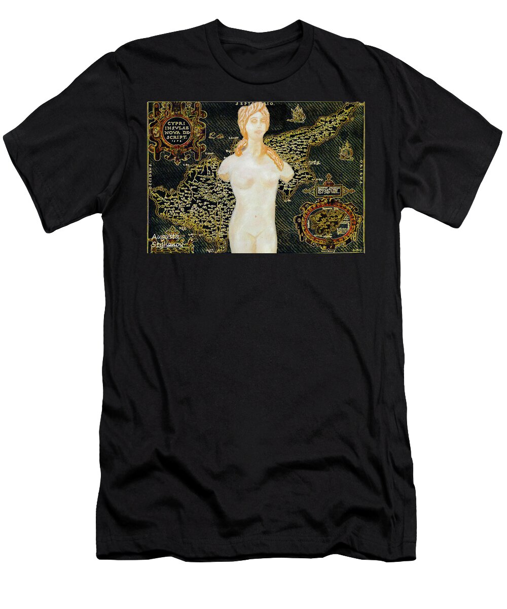Augusta Stylianou T-Shirt featuring the painting Ancient Cyprus Map and Aphrodite by Augusta Stylianou