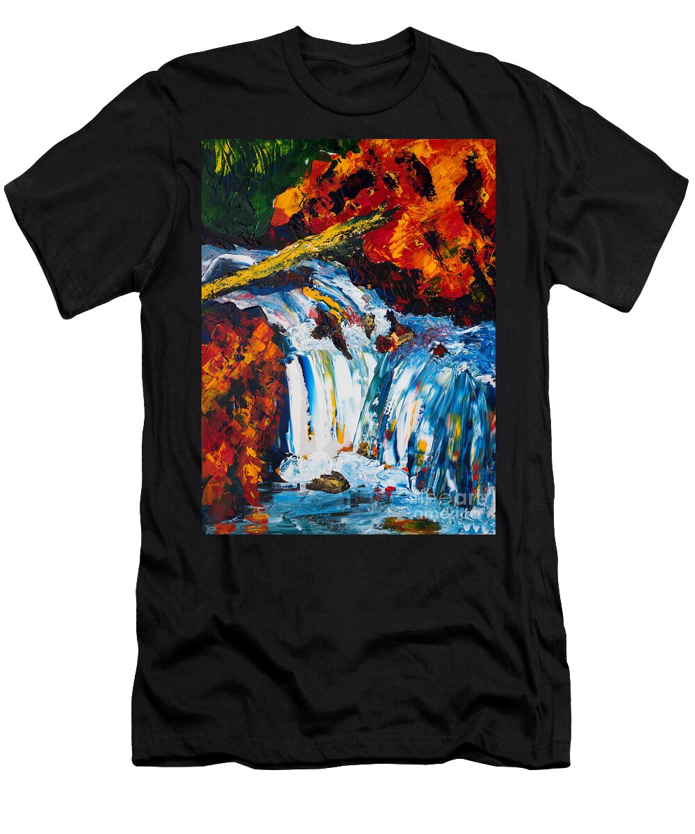 Trees T-Shirt featuring the painting Log and Waterfall by Walt Brodis