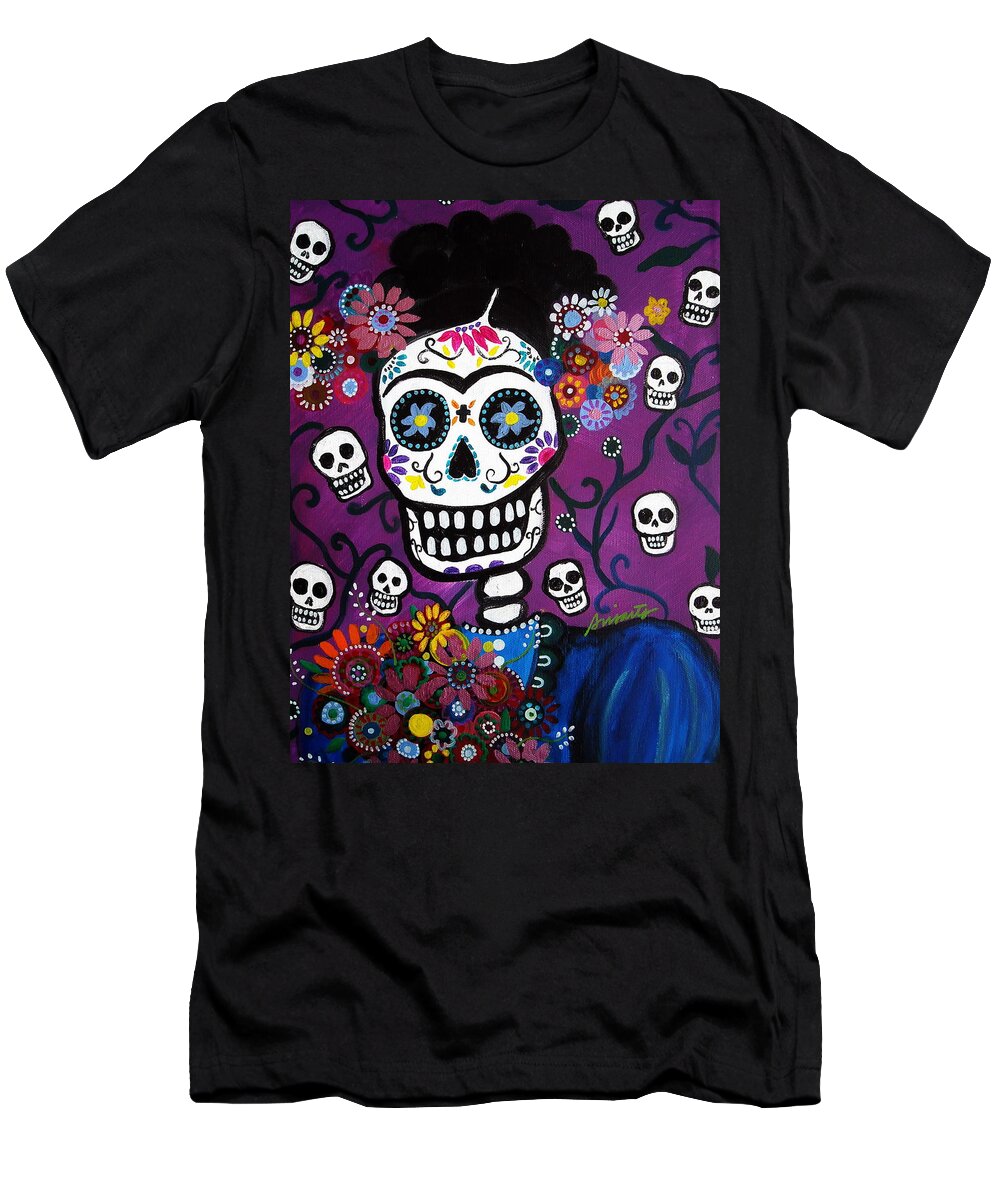 Dia T-Shirt featuring the painting Frida Dia De Los Muertos #4 by Pristine Cartera Turkus