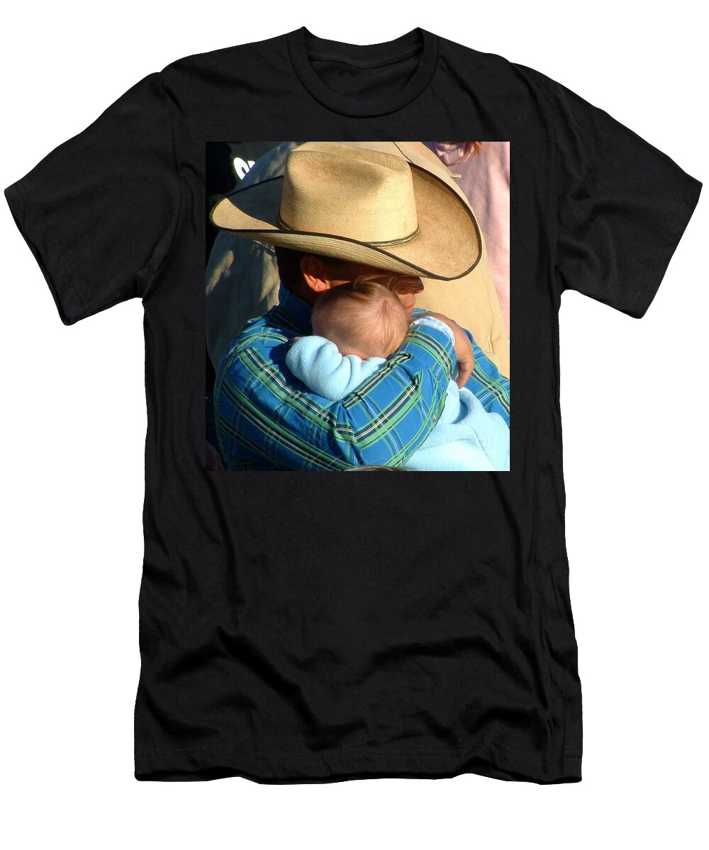Cowboy With Baby T-Shirt featuring the photograph A Cowboy's Love by Marilyn Smith