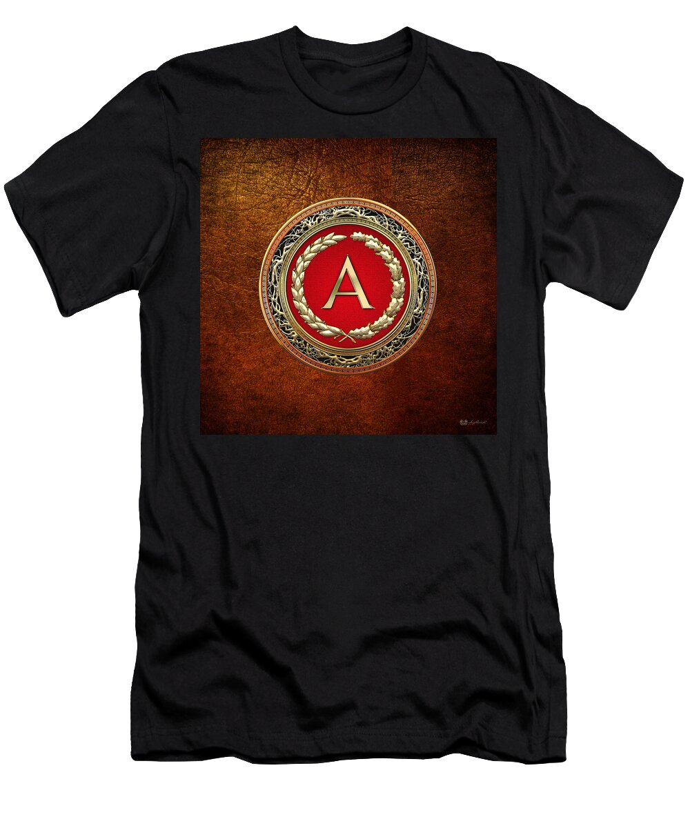 C7 Vintage Monograms 3d T-Shirt featuring the digital art A - Gold Vintage Monogram on Brown Leather by Serge Averbukh