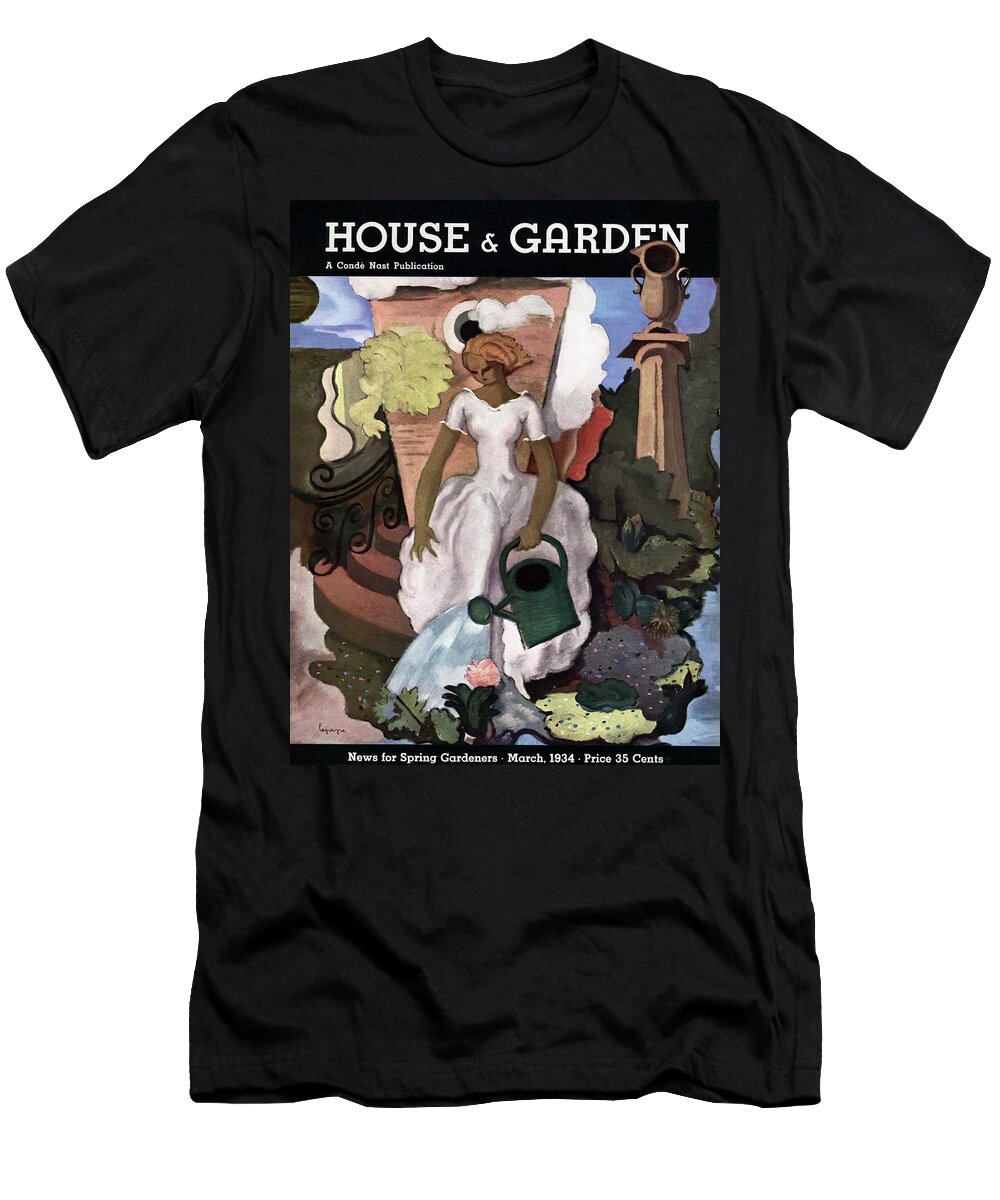 Illustration T-Shirt featuring the photograph A House And Garden Cover Of A Woman Watering by Georges Lepape