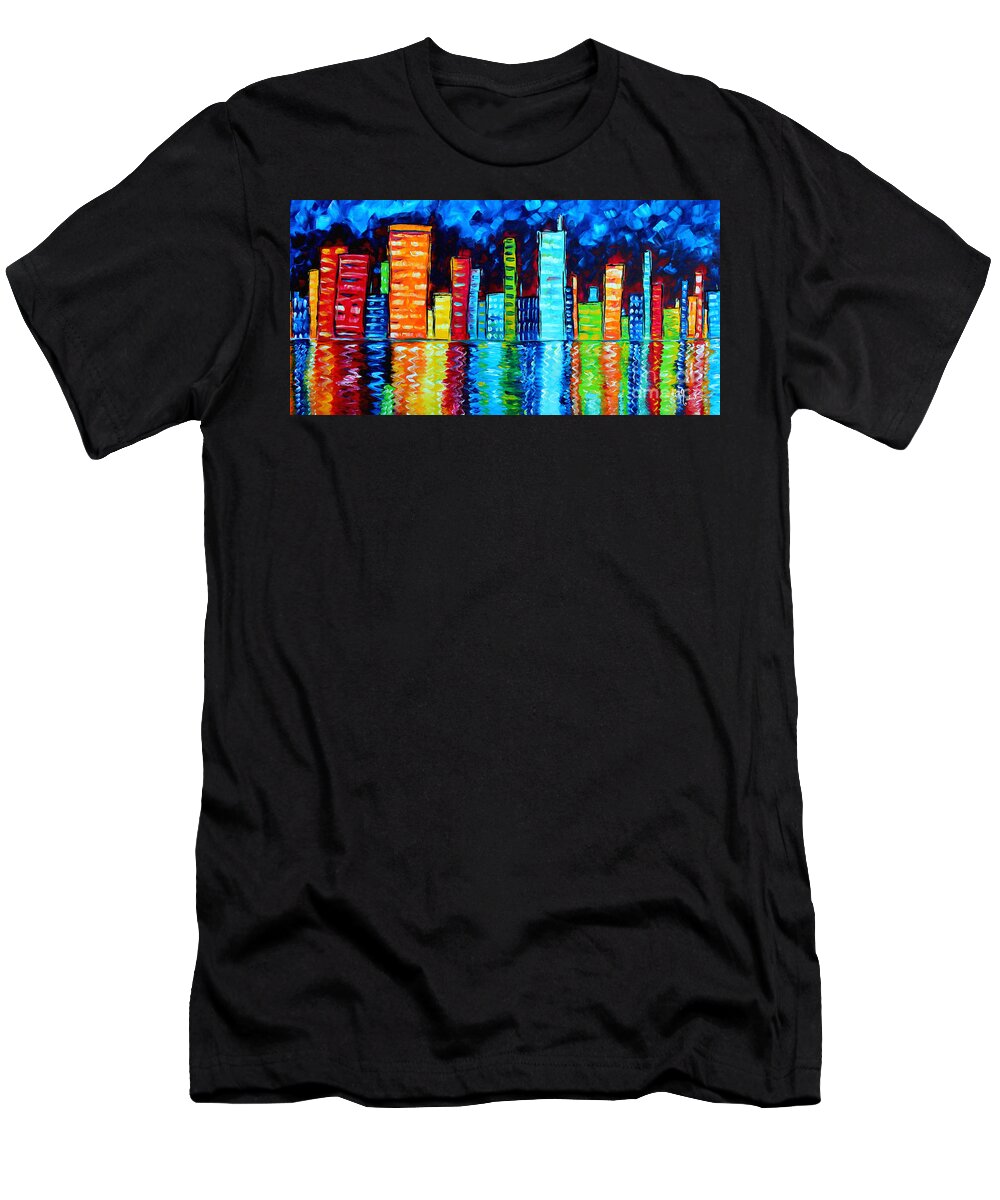 Abstract T-Shirt featuring the painting Abstract Art Landscape City Cityscape Textured Painting CITY NIGHTS II by MADART by Megan Aroon