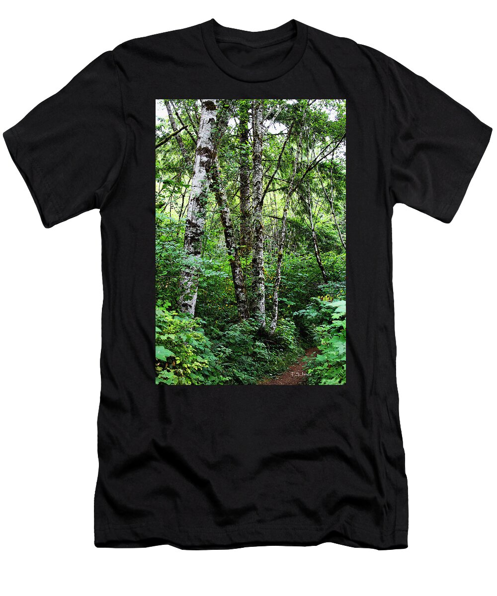 Along The Forest Trail T-Shirt featuring the photograph McLane Wetlands Nature Preserve Along The Trail by Tom Janca