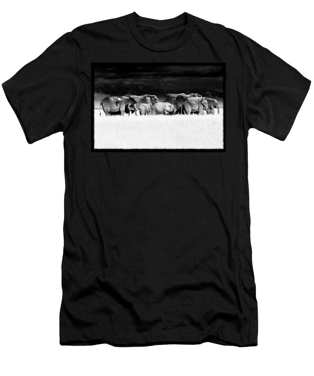 Africa T-Shirt featuring the photograph Amboseli herd with egret by Mike Gaudaur