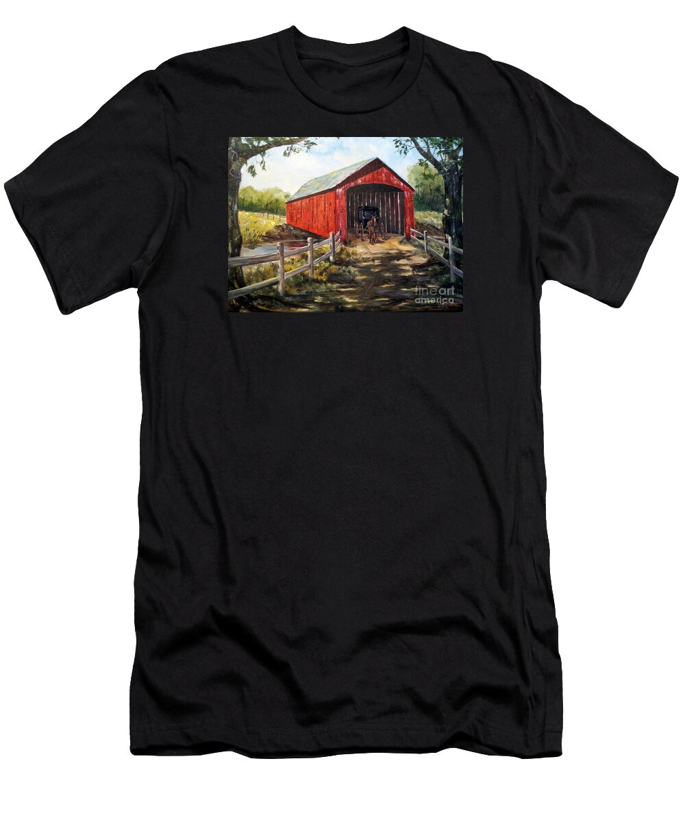 Bridge T-Shirt featuring the painting Amish Country by Lee Piper