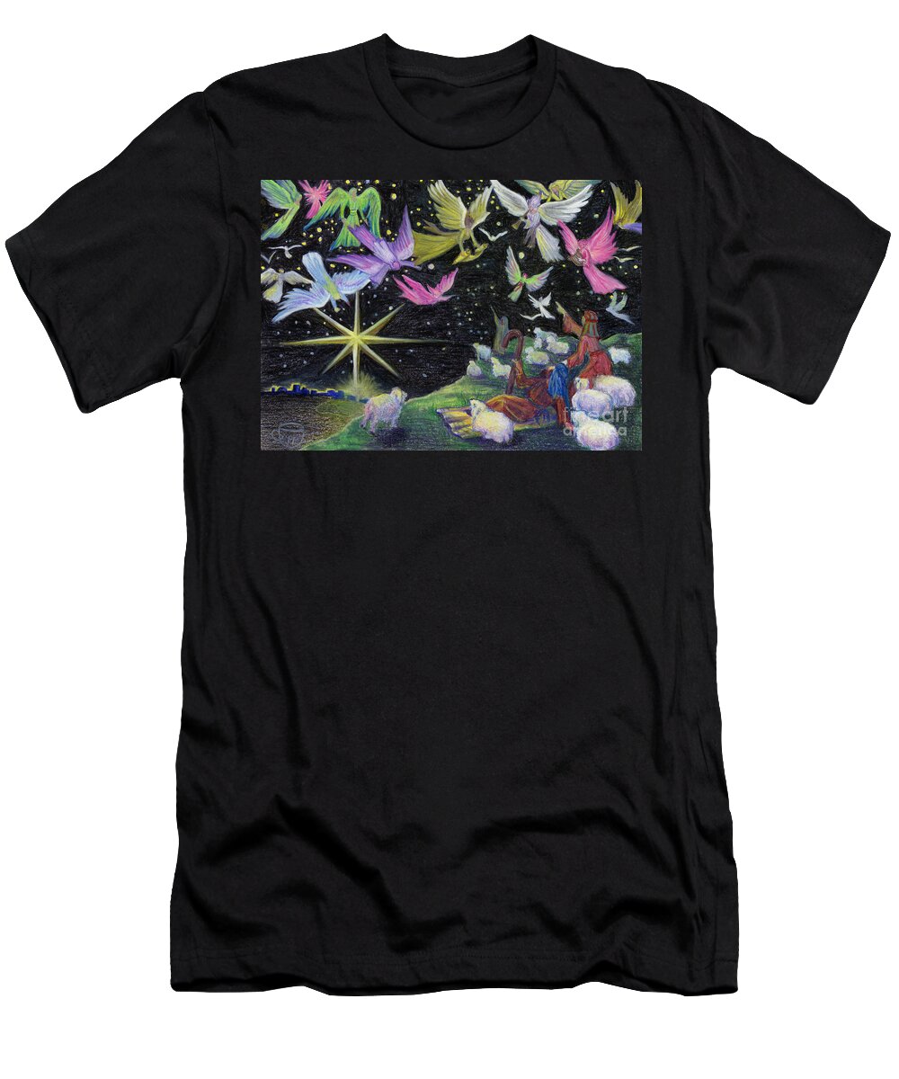 Nativity T-Shirt featuring the painting Angel Skies by Nancy Cupp