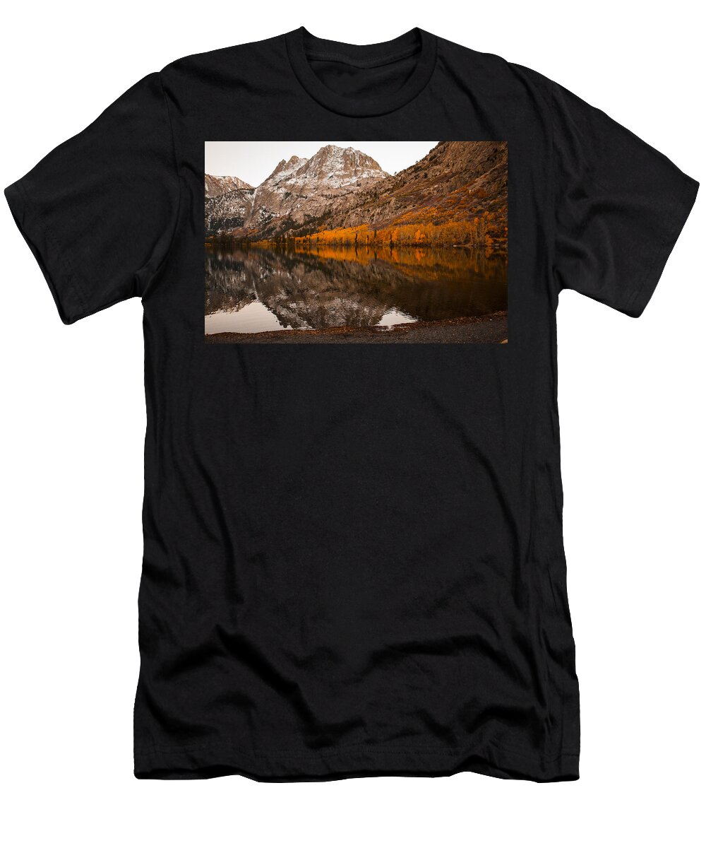 Autumn Lake Photographs T-Shirt featuring the photograph Autumn Mountain Lake Golden Trees Reflection Fine Art Photography Print by Jerry Cowart