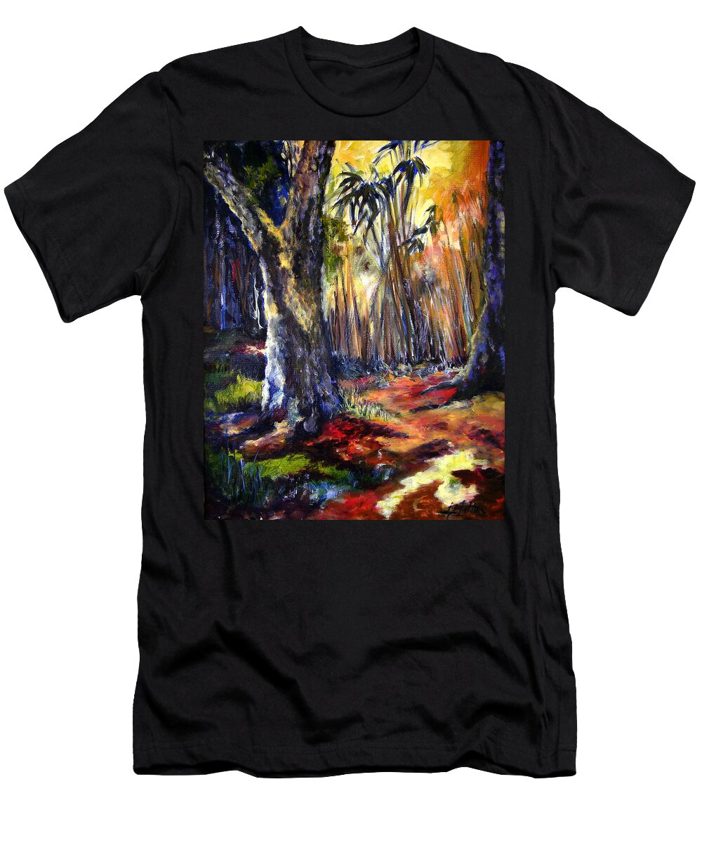 Colorful T-Shirt featuring the painting Bamboo Garden with Bunny by Julianne Felton