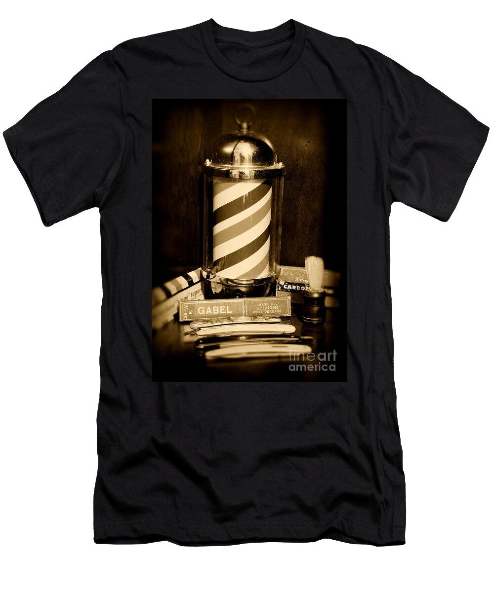 Barber - Vintage Barber T-Shirt featuring the photograph Barber - barber pole - black and white by Paul Ward