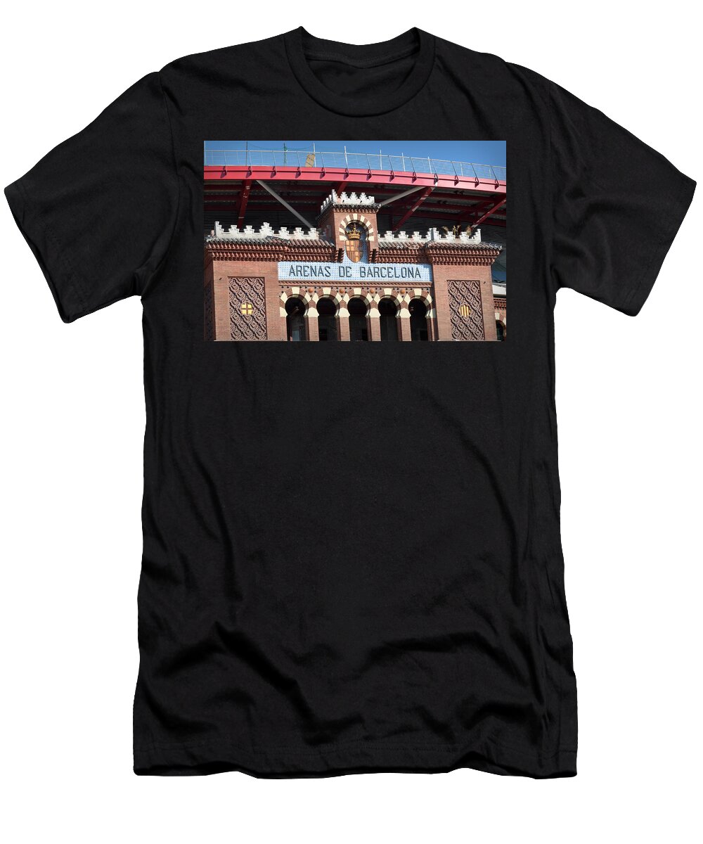 Architecture T-Shirt featuring the photograph Barcelona Bull Fighting Arena Sign in Spain by Brandon Bourdages