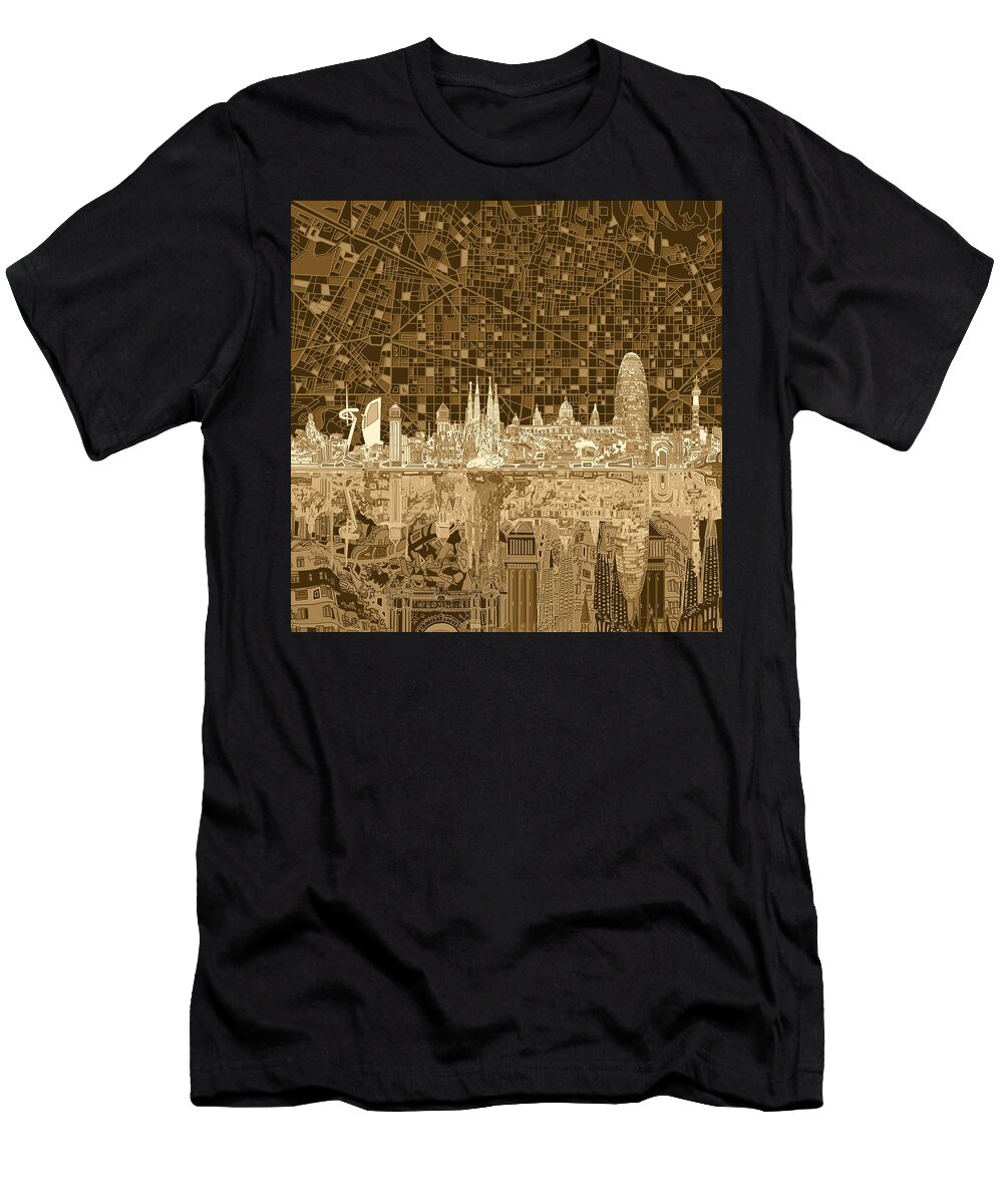 Barcelona T-Shirt featuring the painting Barcelona Skyline Abstract 3 by Bekim M