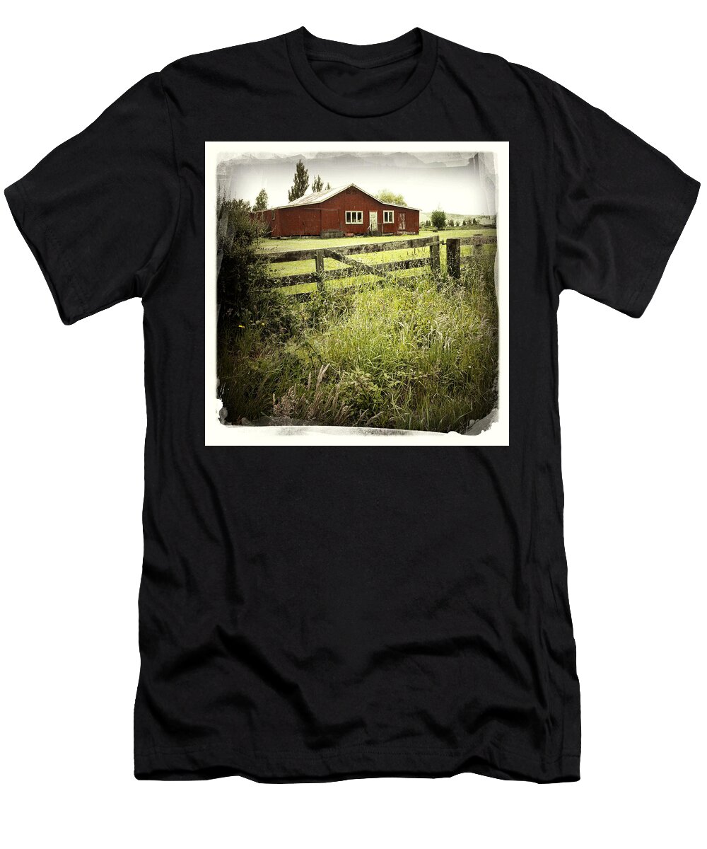 Green T-Shirt featuring the photograph Barn in field by Les Cunliffe