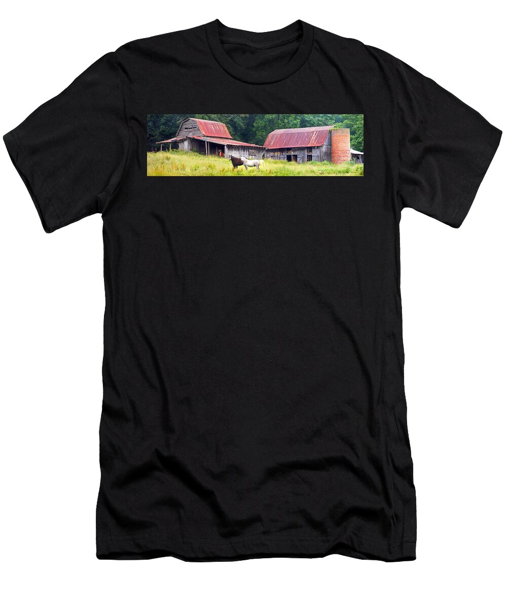 Duane Mccullough T-Shirt featuring the photograph Barns and Horses near Mills River NC by Duane McCullough