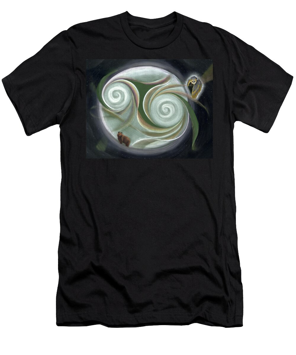 Bear T-Shirt featuring the drawing Bear and Owl in Night Sky by Robin Aisha Landsong