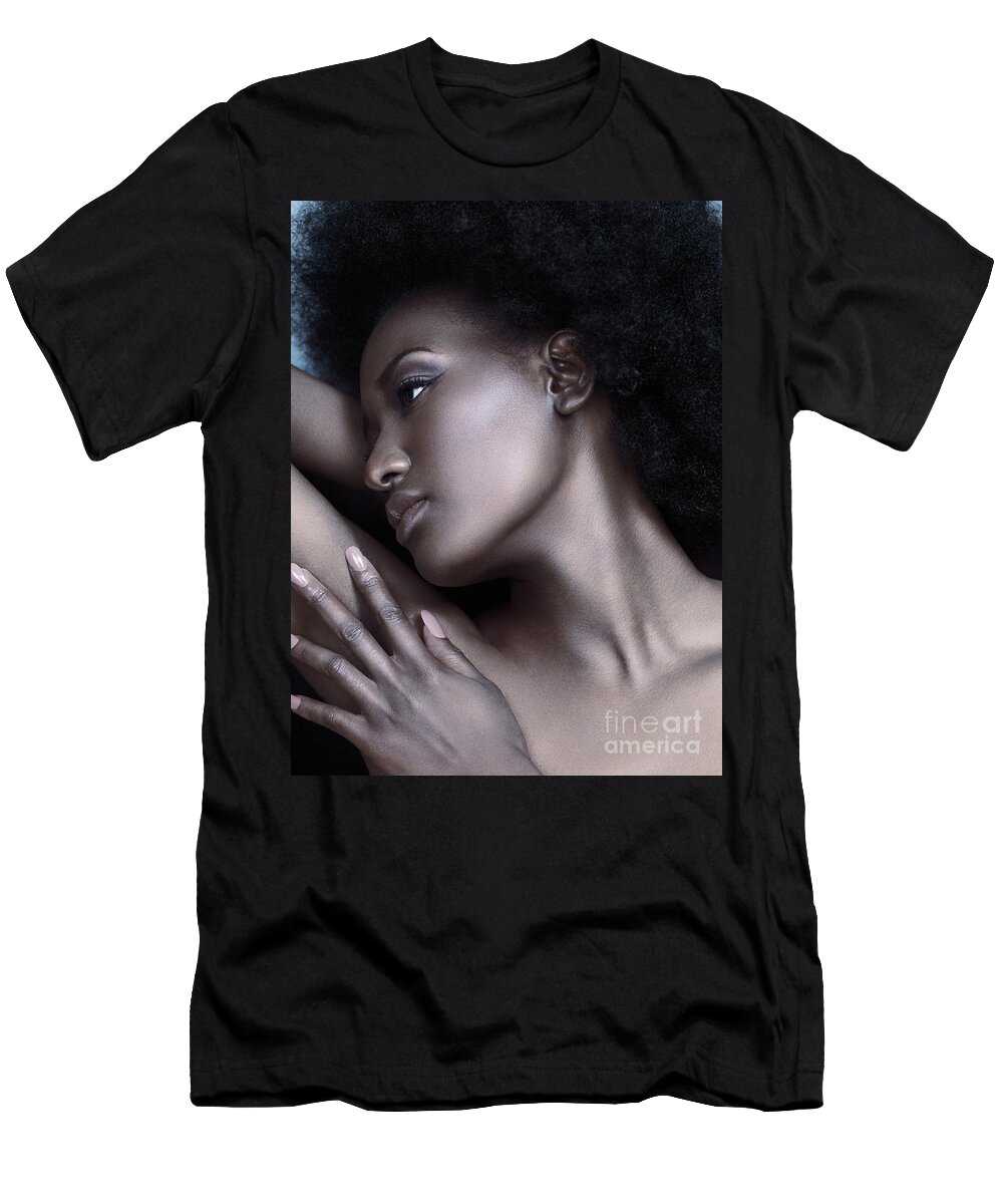 Beauty T-Shirt featuring the photograph Beautiful black woman face with shiny silver skin by Maxim Images Exquisite Prints