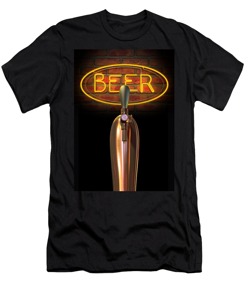 Alcohol T-Shirt featuring the digital art Beer Tap Single With Neon Sign by Allan Swart
