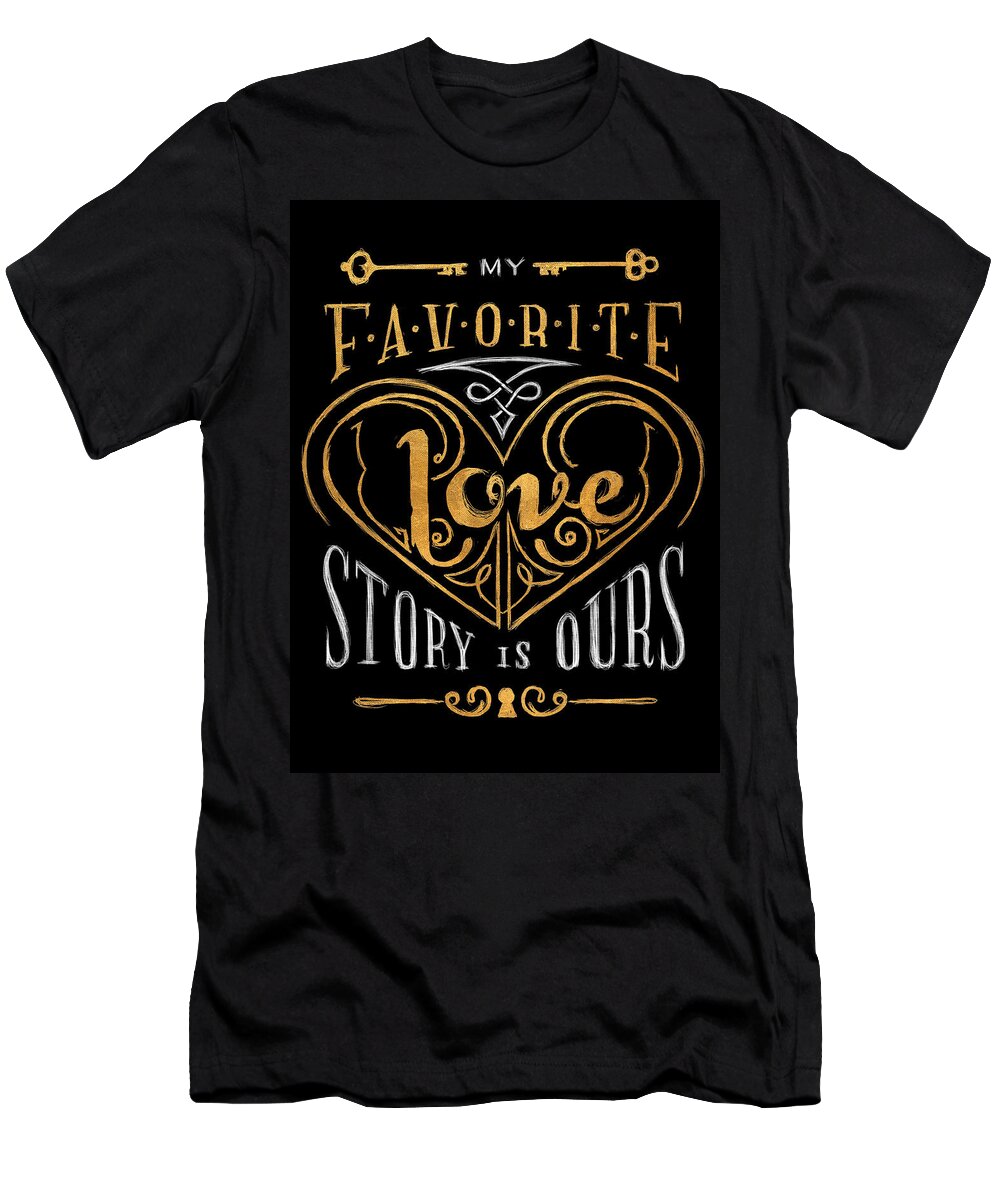 Black T-Shirt featuring the digital art Black and Gold Love Story by South Social Studio