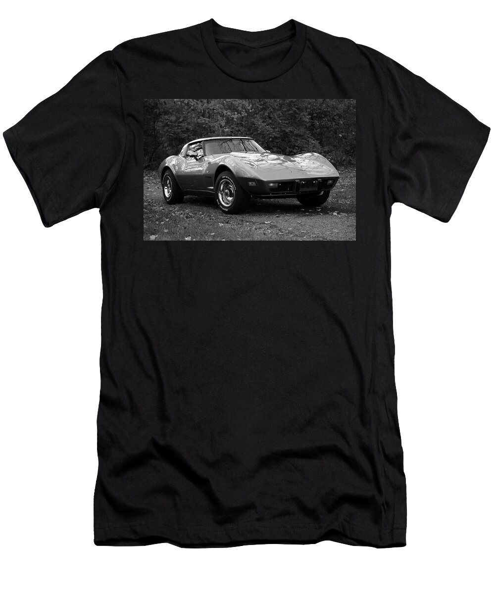 Black And White Gray Corvette T-Shirt featuring the photograph Black and White Gray Corvette by PJQandFriends Photography