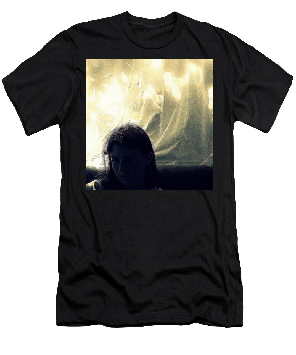 Girl T-Shirt featuring the photograph Blue Girl with Curtain by Marysue Ryan