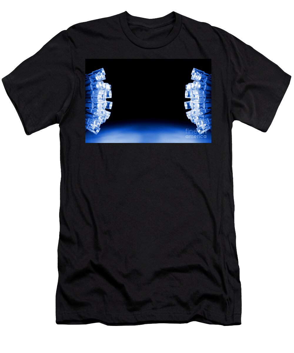 Glowing T-Shirt featuring the photograph Blue LED lights both sides of the image with space for text by Simon Bratt