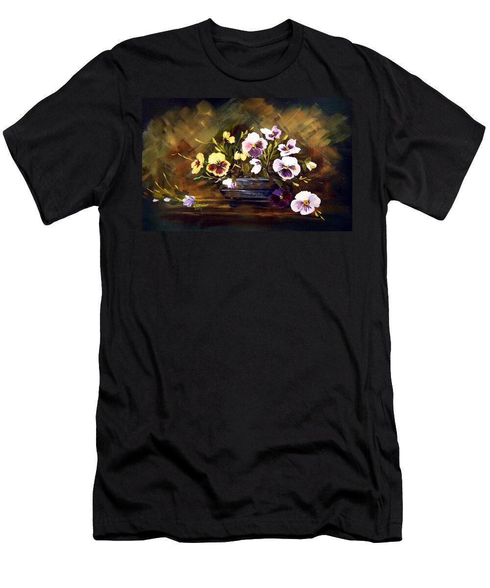 Blue Vase With Pansies T-Shirt featuring the painting Blue Vase with Pansies by Dorothy Maier