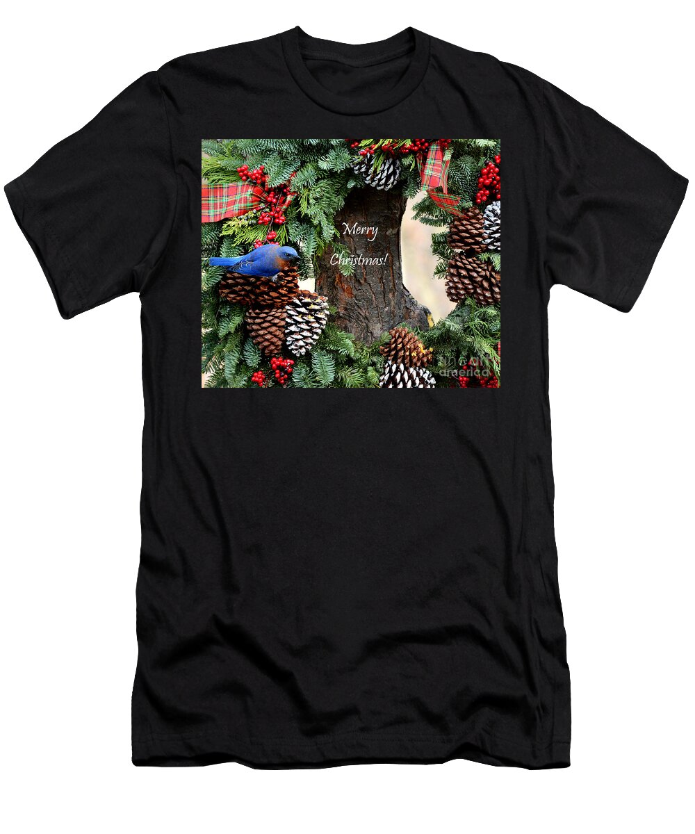 Nature T-Shirt featuring the photograph Bluebird Christmas Wreath by Nava Thompson