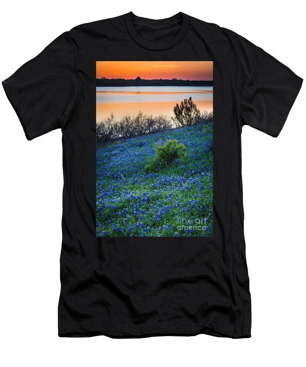 America T-Shirt featuring the photograph Grapevine Lake Bluebonnets by Inge Johnsson