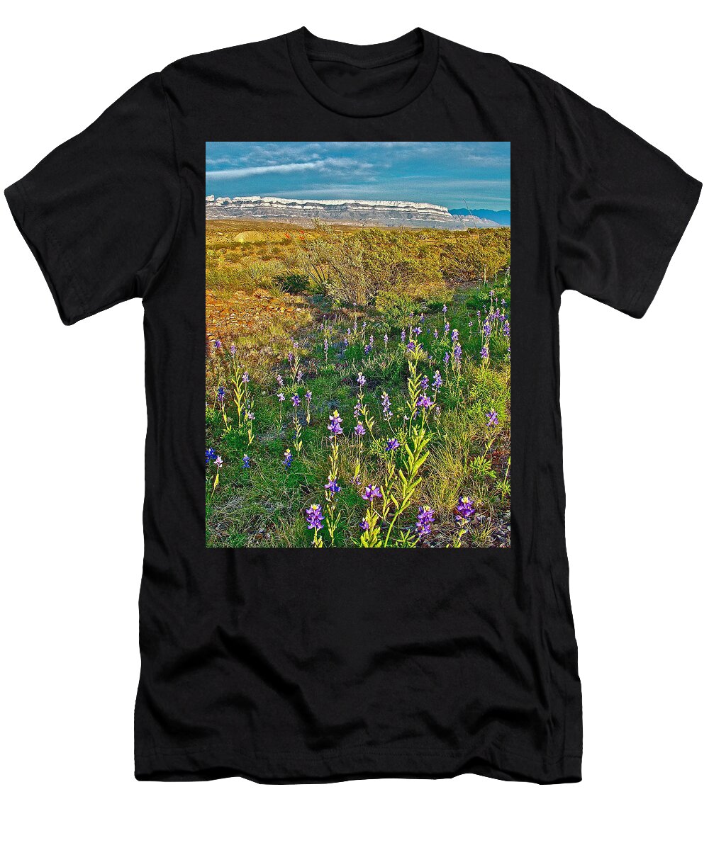 Bluebonnets And Creosote Bushes In Big Bend National Park T-Shirt featuring the photograph Bluebonnets and Creosote Bushes in Big Bend National Park-Texas by Ruth Hager