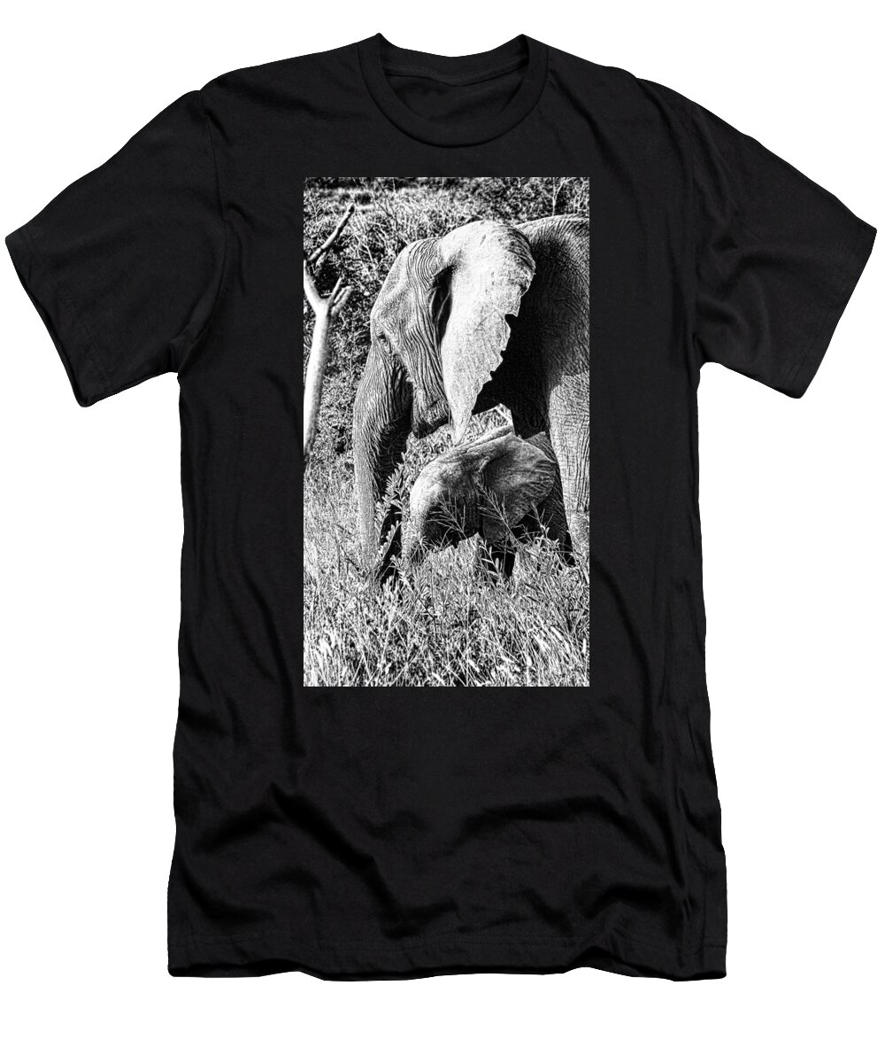 Elephant Bull T-Shirt featuring the photograph Breakfast with Mother Black and White by Douglas Barnard