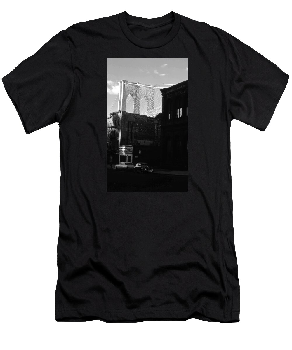 Architecture T-Shirt featuring the photograph Brooklyn Bridge 1970 by John Schneider