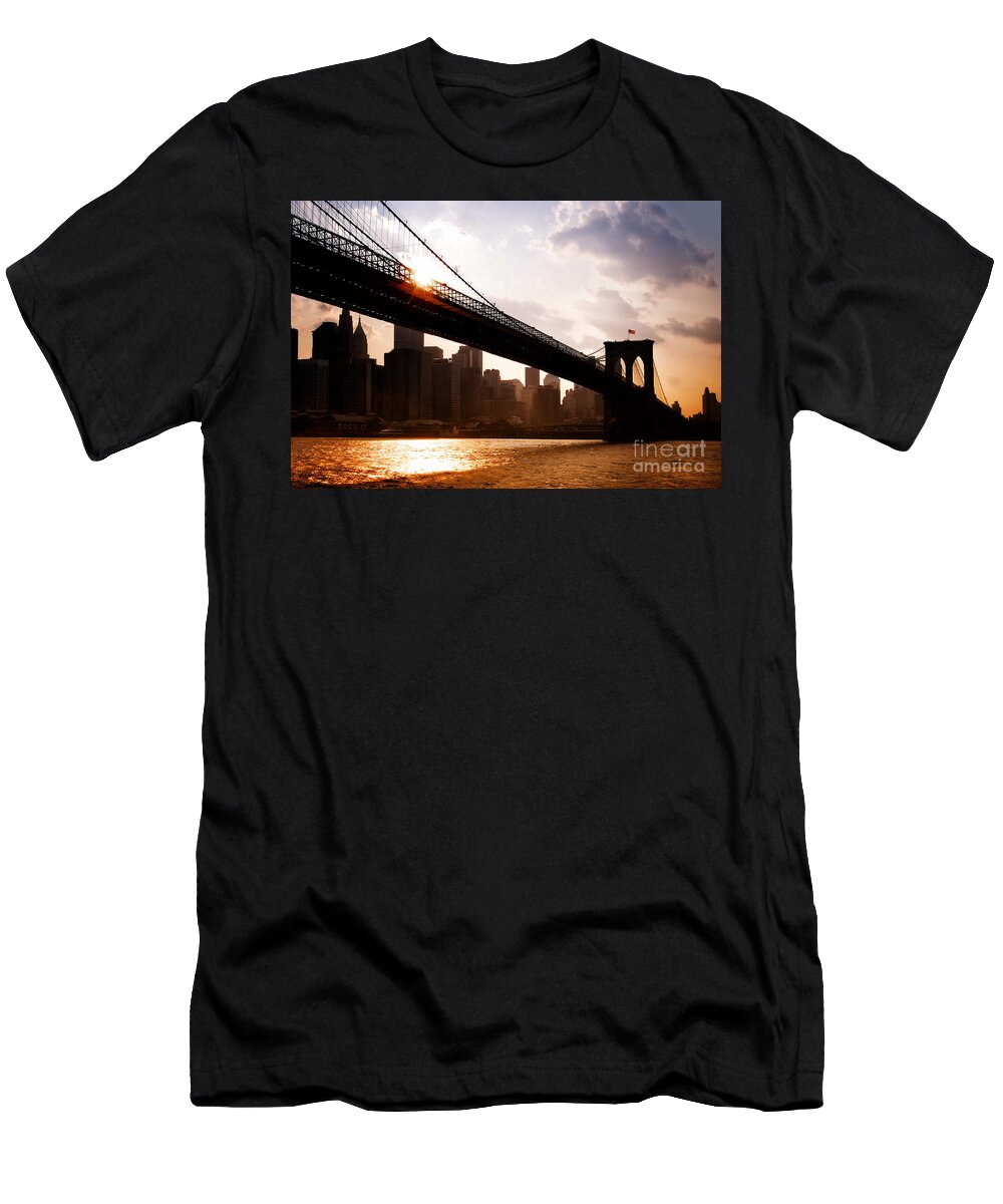 New York City T-Shirt featuring the photograph Brooklyn Bridge and Skyline Manhattan New York City by Sabine Jacobs