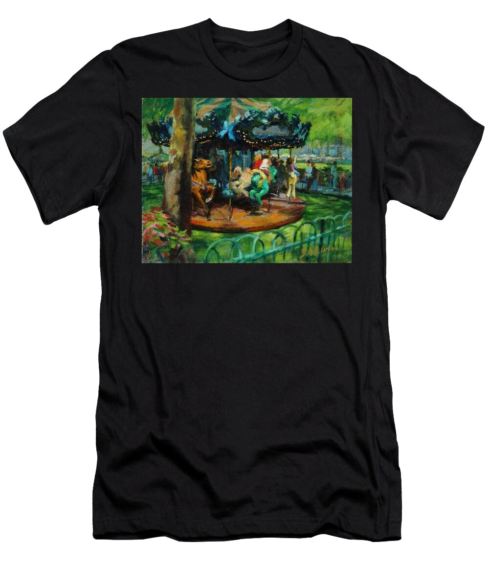 Landscape T-Shirt featuring the painting Bryant Park - The Carousel by Peter Salwen