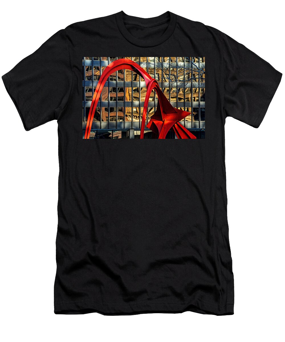 Building T-Shirt featuring the photograph Calder Sculpture called the Flamingo in Downtown Chicago by Randall Nyhof