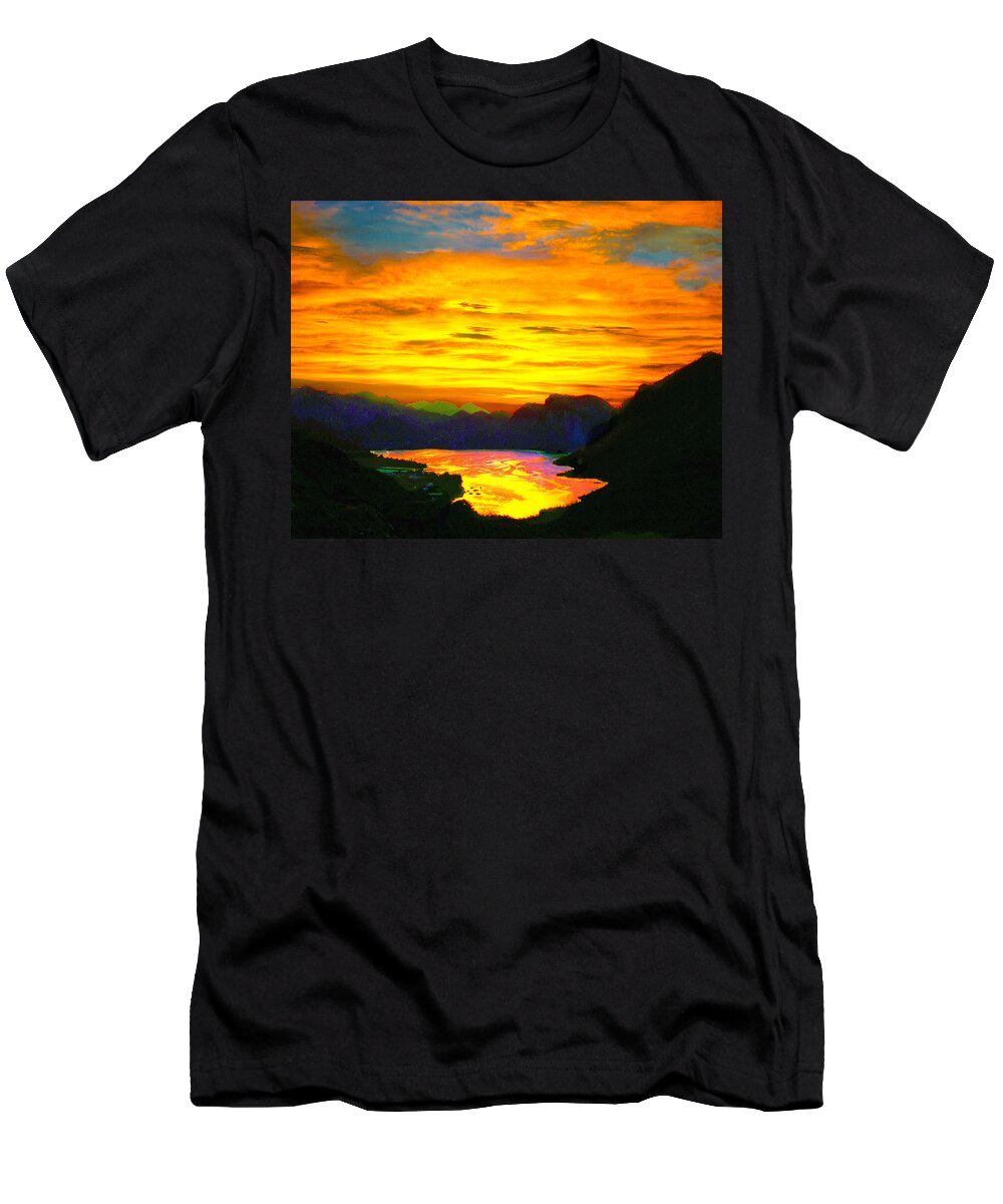 Apache Junction T-Shirt featuring the digital art Canyon Lake Arizona Sunset Painting by Bob and Nadine Johnston