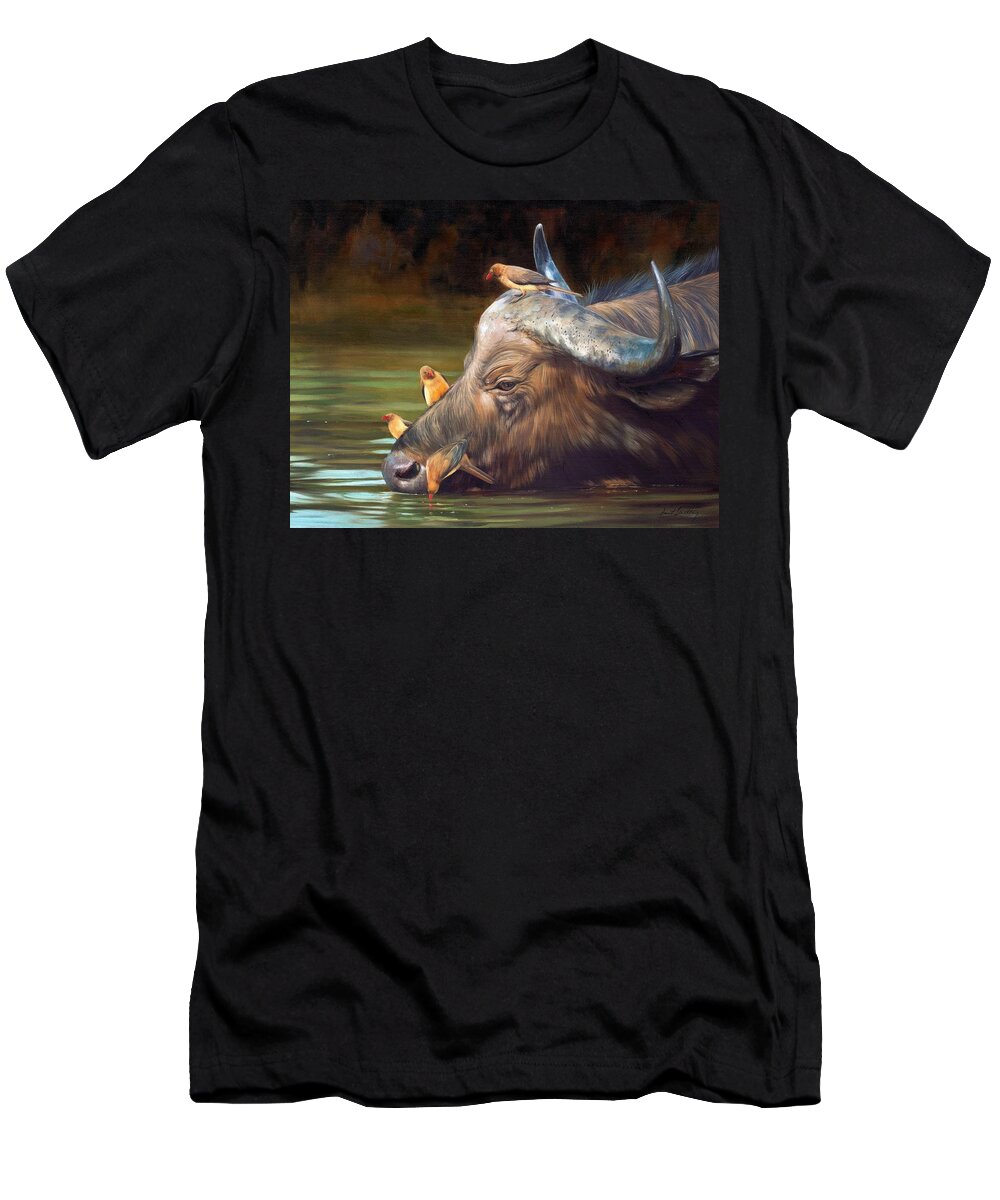 Cape Buffalo T-Shirt featuring the painting Cape Buffalo and Oxpeckers by David Stribbling