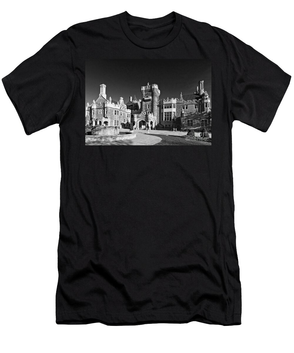 Casa Loma T-Shirt featuring the photograph Casa Loma in Toronto in Black and White by Les Palenik