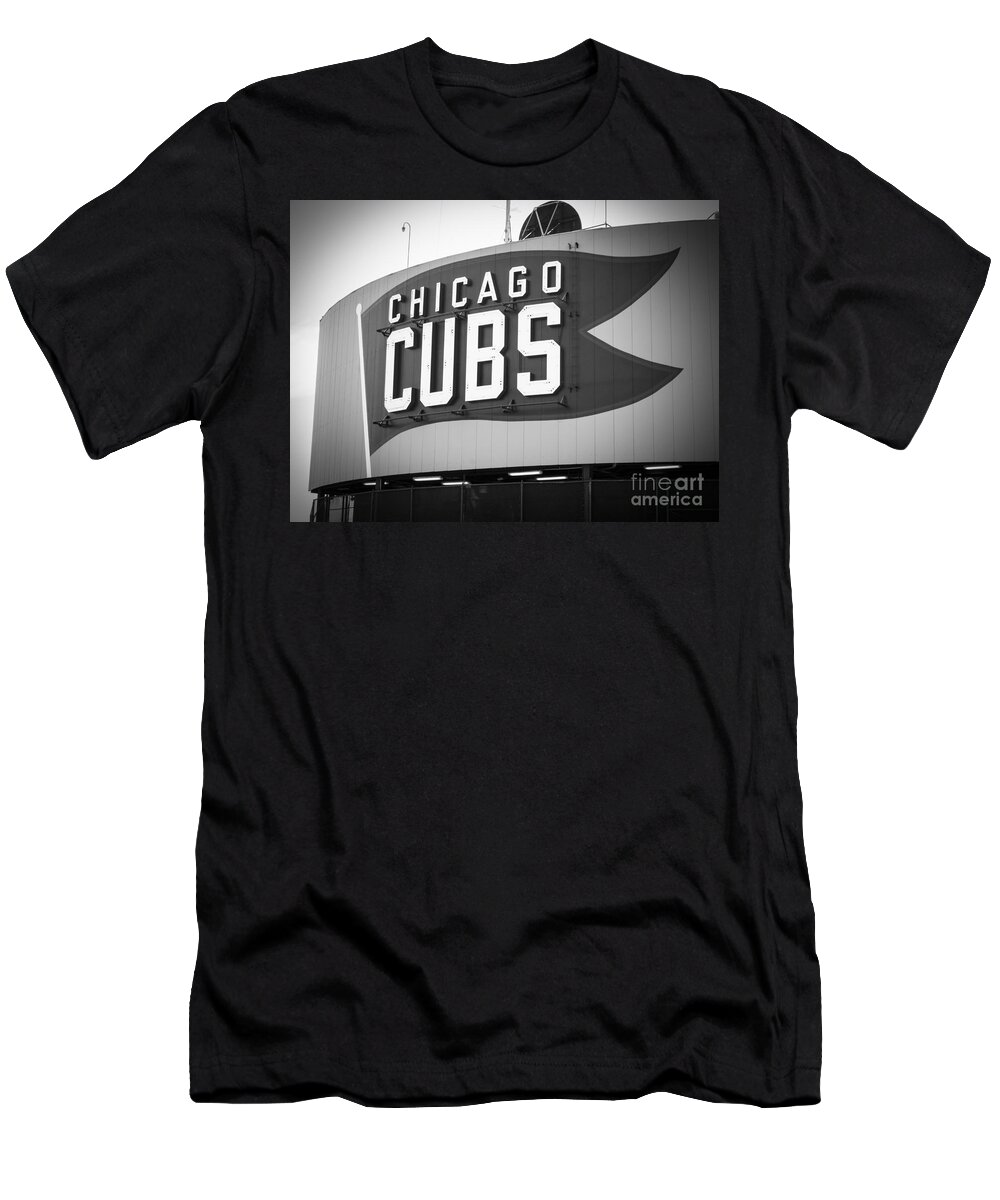 America T-Shirt featuring the photograph Chicago Cubs Wrigley Field Sign Black and White Picture by Paul Velgos