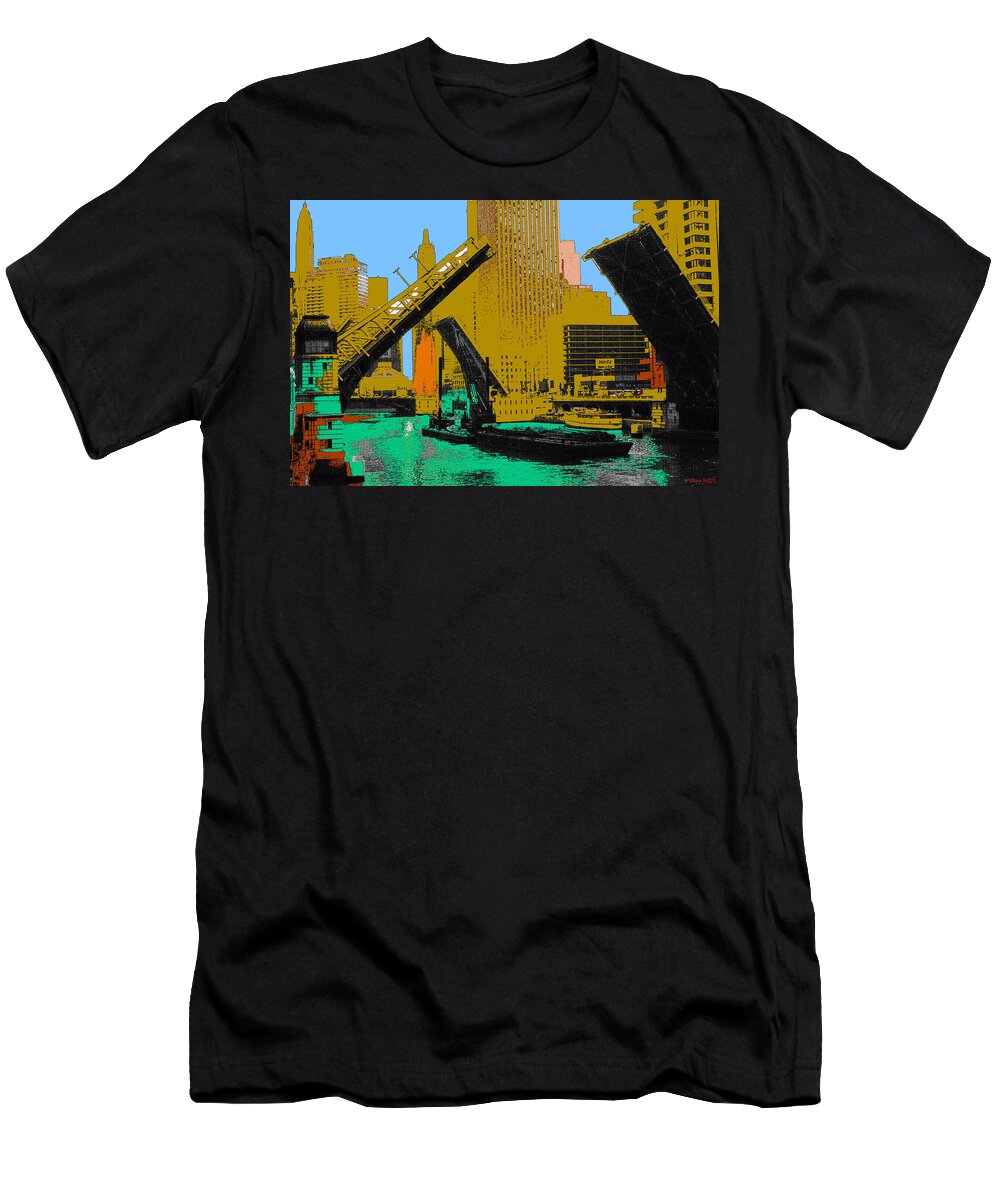 Chicago T-Shirt featuring the painting Chicago Pop Art 66 - Downtown Draw Bridges by Peter Potter