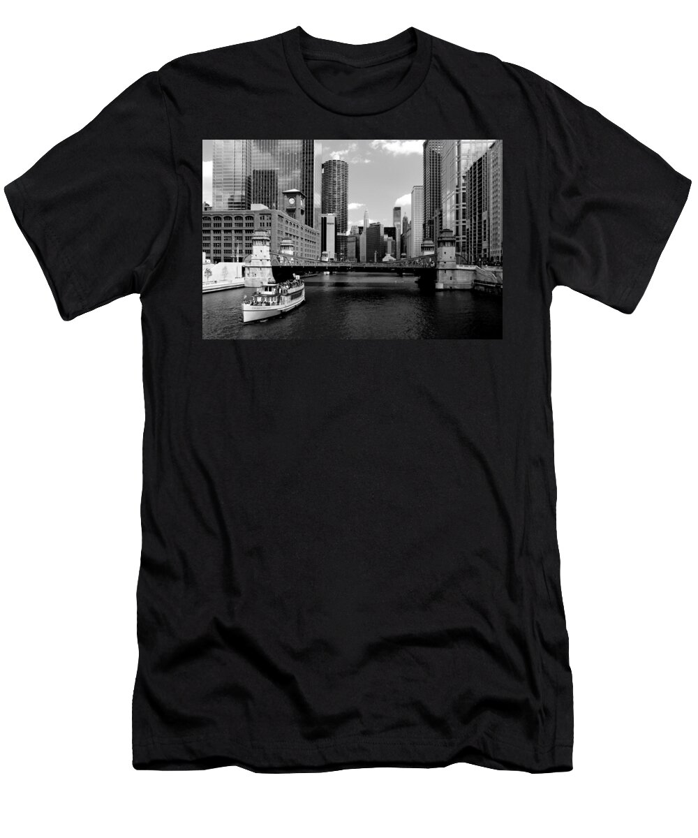 Bridge T-Shirt featuring the photograph Chicago River Skyline Bridge Boat by Patrick Malon